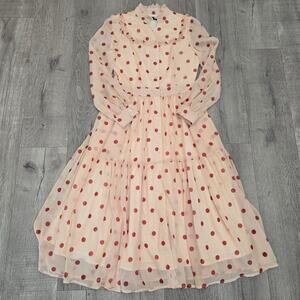 ASM ANNA Polka Dot Sheer Midi Dress S Blush Pink Long Sleeve Tiered Cottagecore